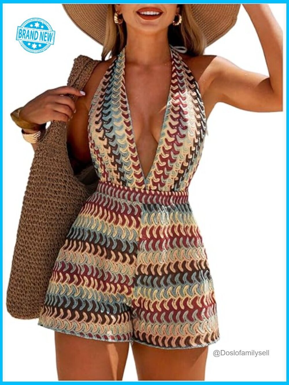 Crochet Boho Halter Top Romper Striped Tie Backless Knit Cover Up Vacation